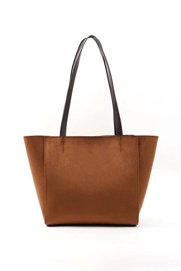 Large Faux Leather Zip Closure Tote Bag With Front Pocket Hand Arm And Shoulder Bag Brown