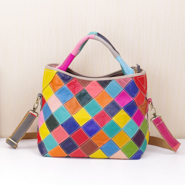 Genuine Leather Women's Casual Patchwork Geometric Female Handbag Fashion Colorful Random Spliced Shoulder Tote Bag