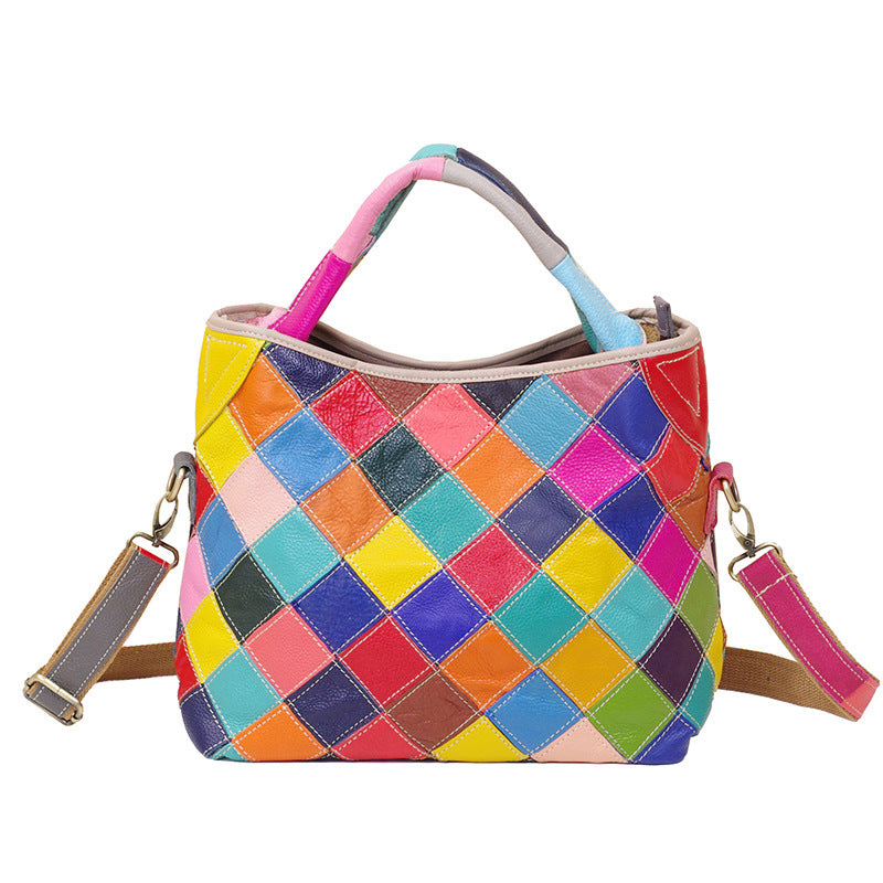 Genuine Leather Women's Casual Patchwork Geometric Female Handbag Fashion Colorful Random Spliced Shoulder Tote Bag