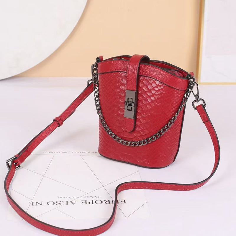 Chain Bucket Bag Top Layer Leather Crossbody Shoulder Bag