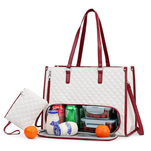 White quilted handbag with red straps containing snacks and drinks on a white background