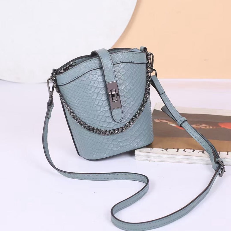 Chain Bucket Bag Top Layer Leather Crossbody Shoulder Bag