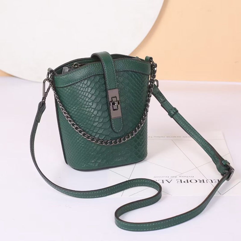 Chain Bucket Bag Top Layer Leather Crossbody Shoulder Bag