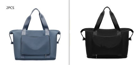 Two bags, one blue and one black, side by side on a white background.