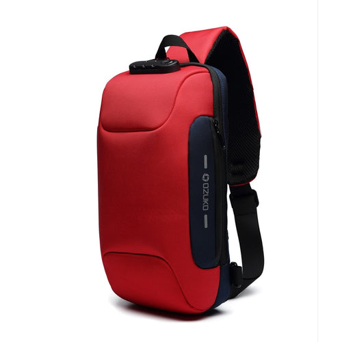 Red and black backpack with a visible brand logo on a white background