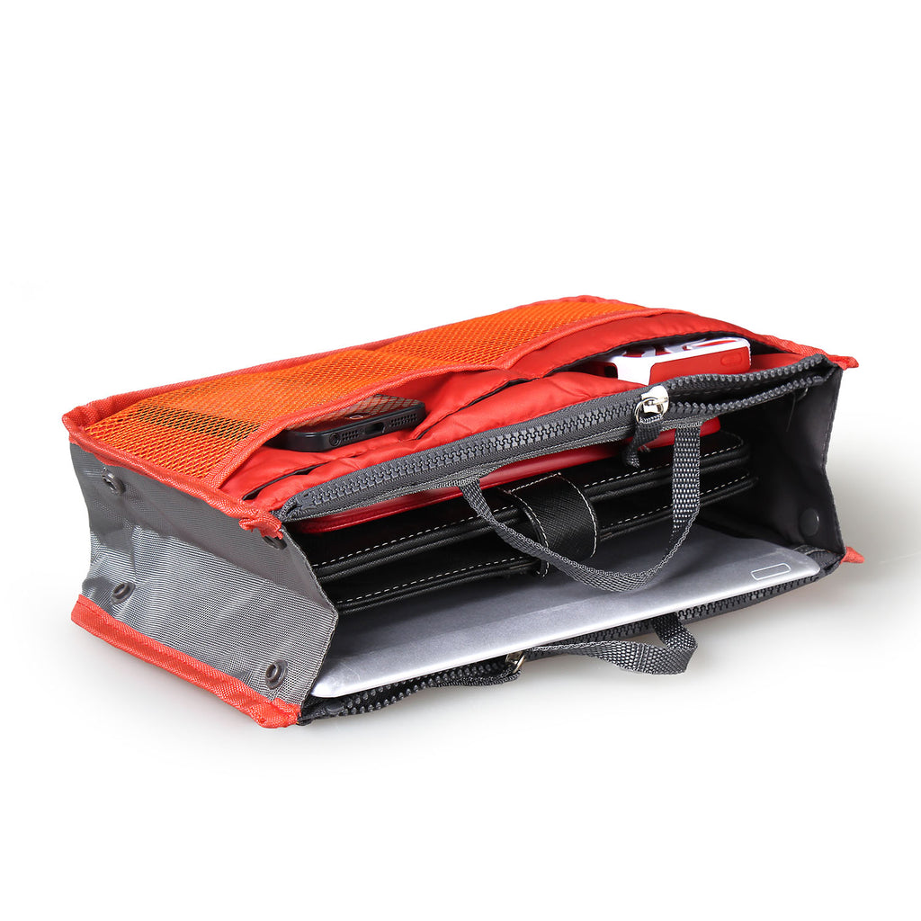 Orange and gray bag with a handle on a white background