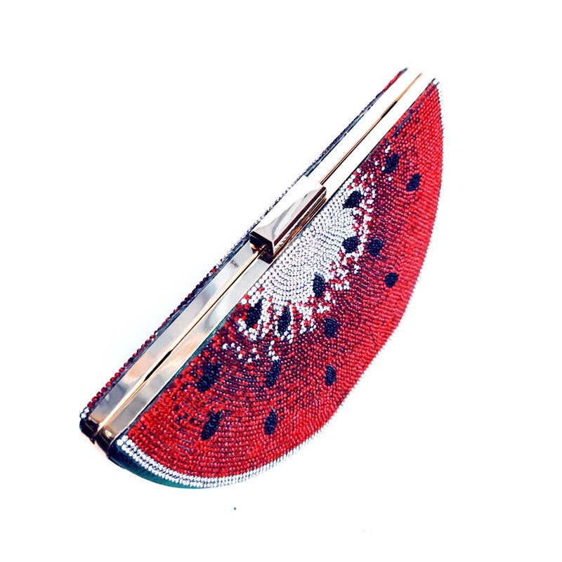 Semi-circular handbag with red and blue pattern on a white background