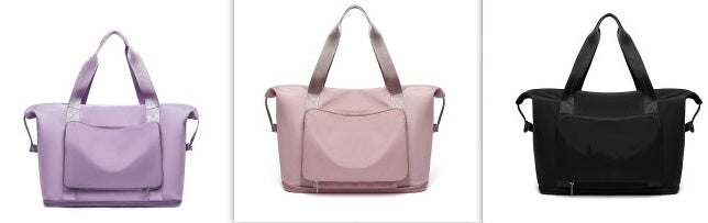 Three tote bags in different colors (purple, pink, black) on a white background