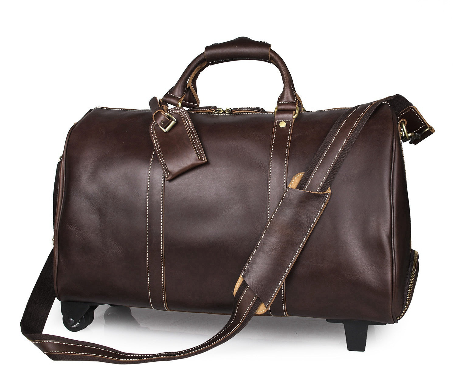 Brown leather duffel bag with wheels on a white background