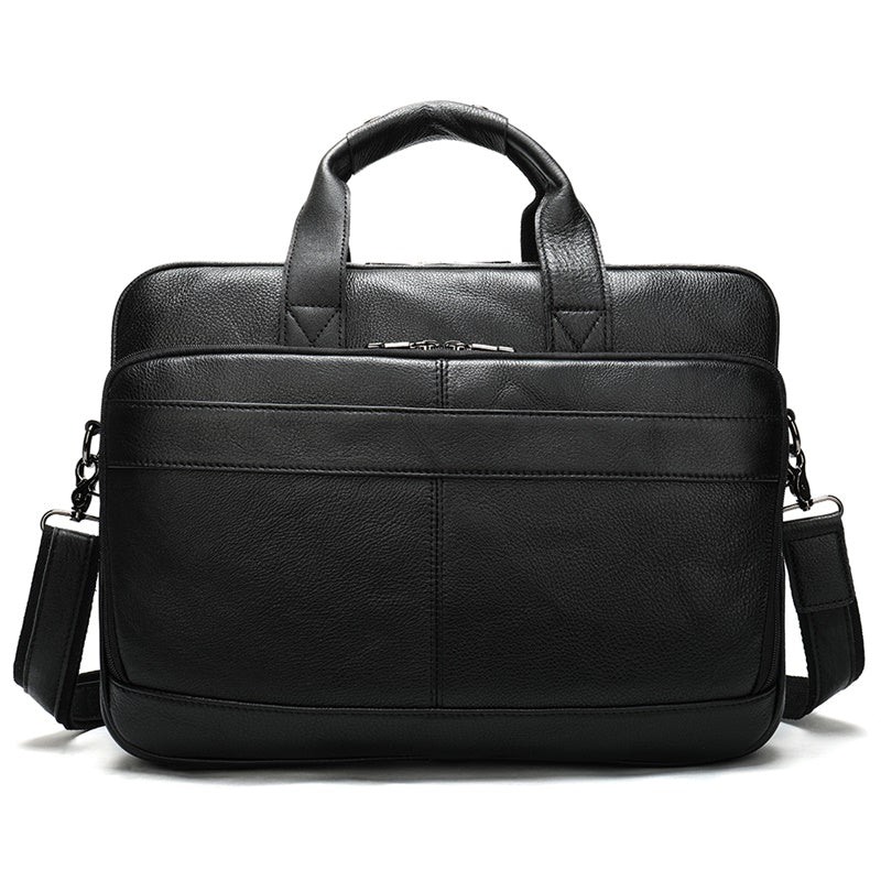 Black leather briefcase with shoulder strap on a white background