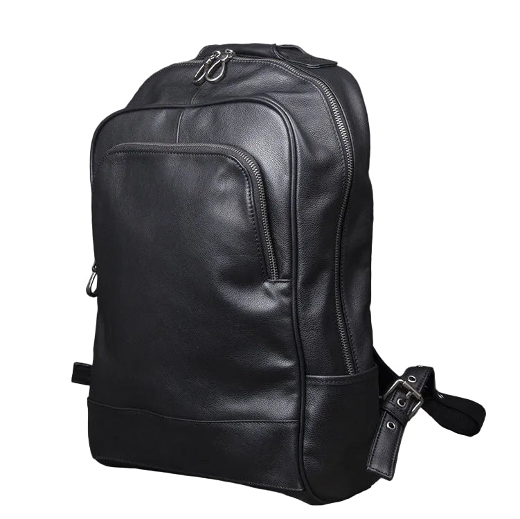 Black leather backpack on a white background