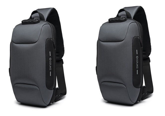 Two gray crossbody bags with black straps on a white background