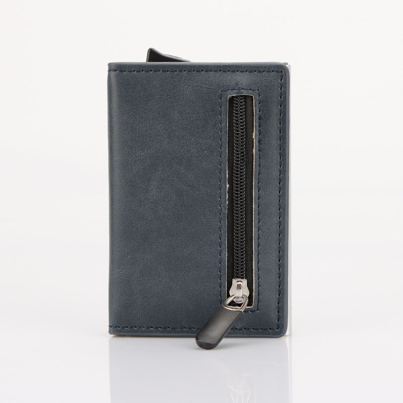 Blue leather wallet with a zipper on a white background
