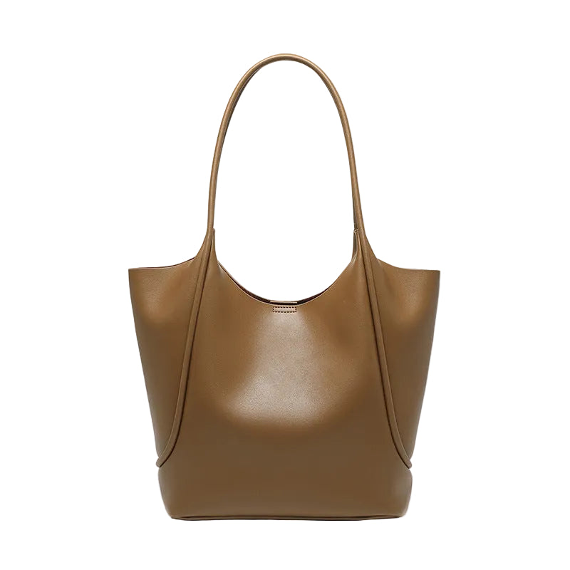 Brown leather handbag on a white background
