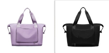 Purple bag on the left and black bag on the right against a white background