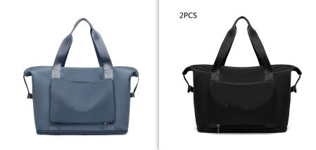Two tote bags, one blue and one black, on a white background.