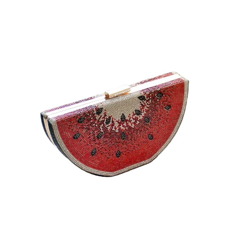 Watermelon-themed clutch bag on a light surface on a white background