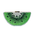 Green beaded clutch shaped like a watermelon on a white background