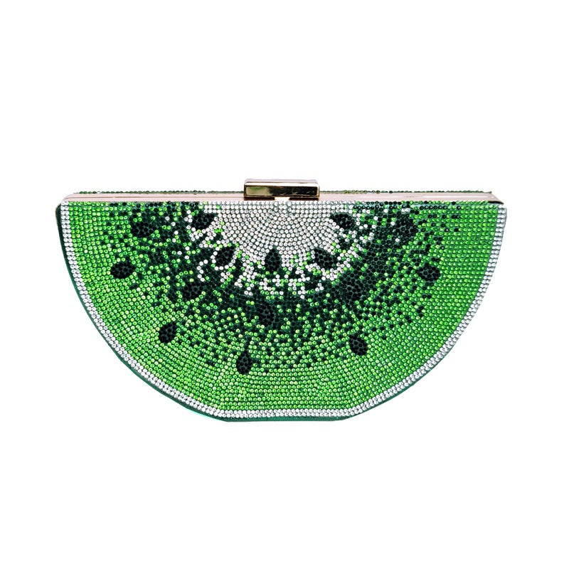 Green beaded clutch shaped like a watermelon on a white background