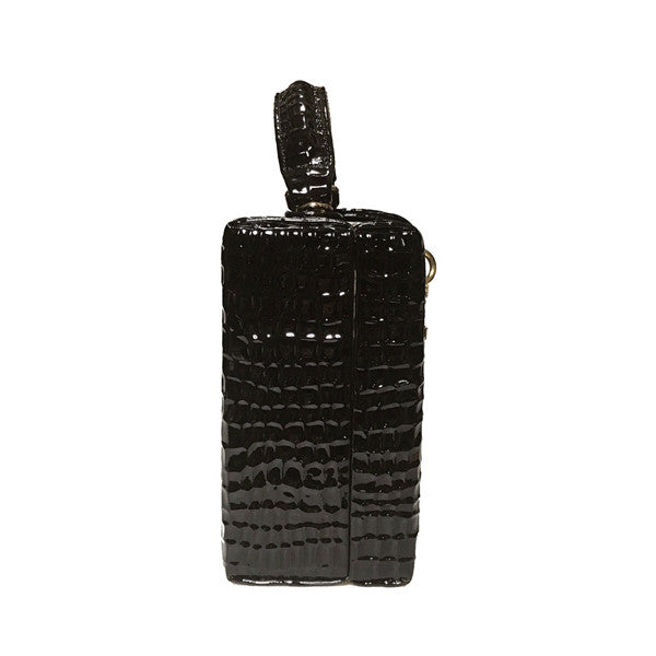 Black textured handbag on a white background
