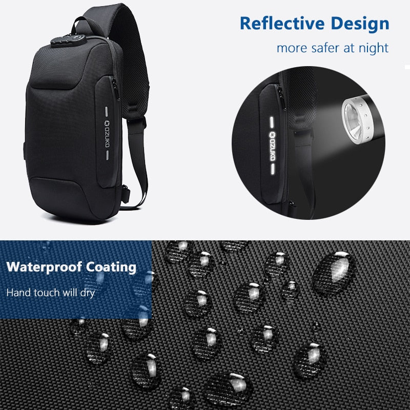 Black backpack with reflective design and waterproof coating features on a white background