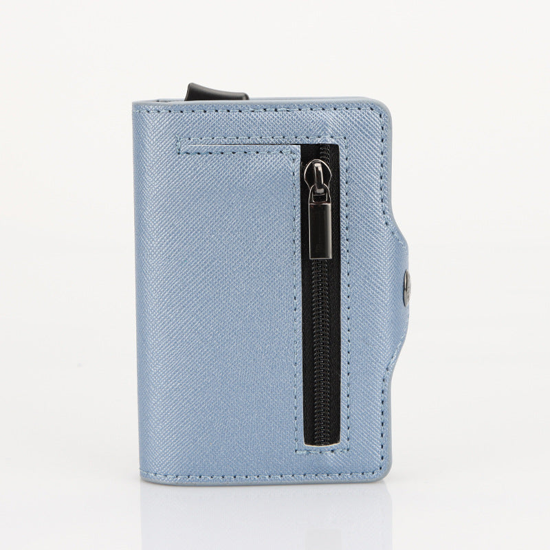 Light blue wallet with a black zipper on a white background