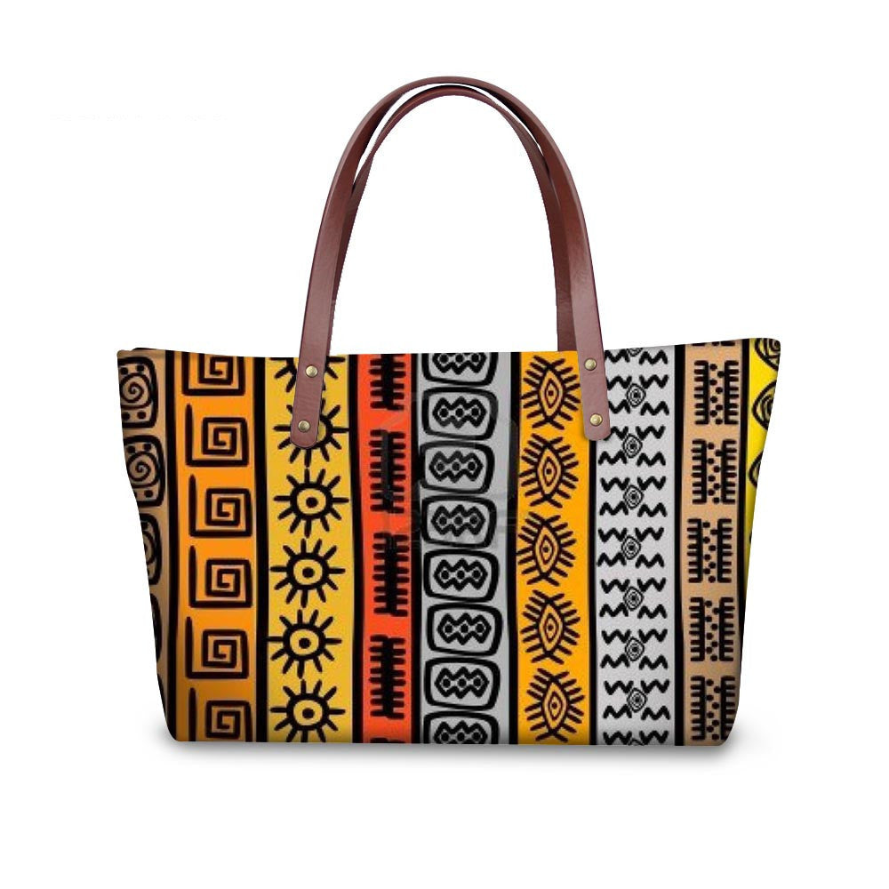 Tote bag with colorful tribal pattern on a white background