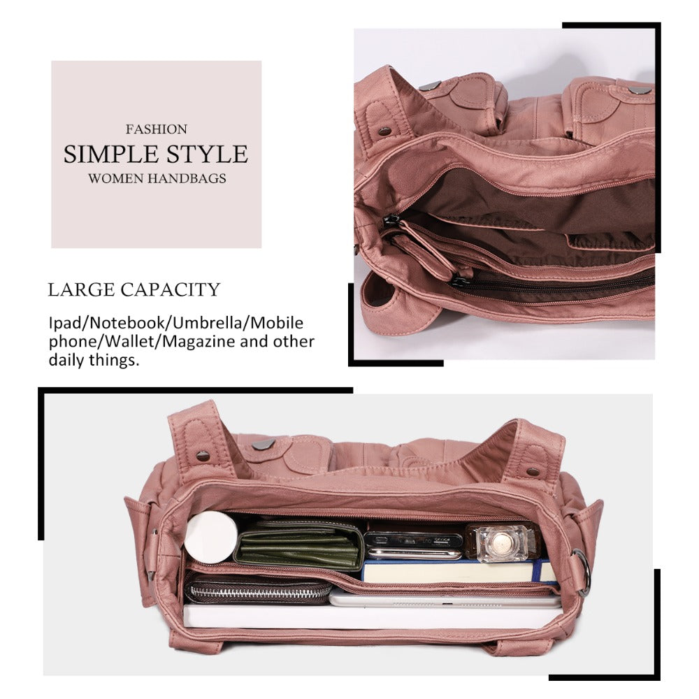 Pink handbag with interior details and text highlighting features on a white background