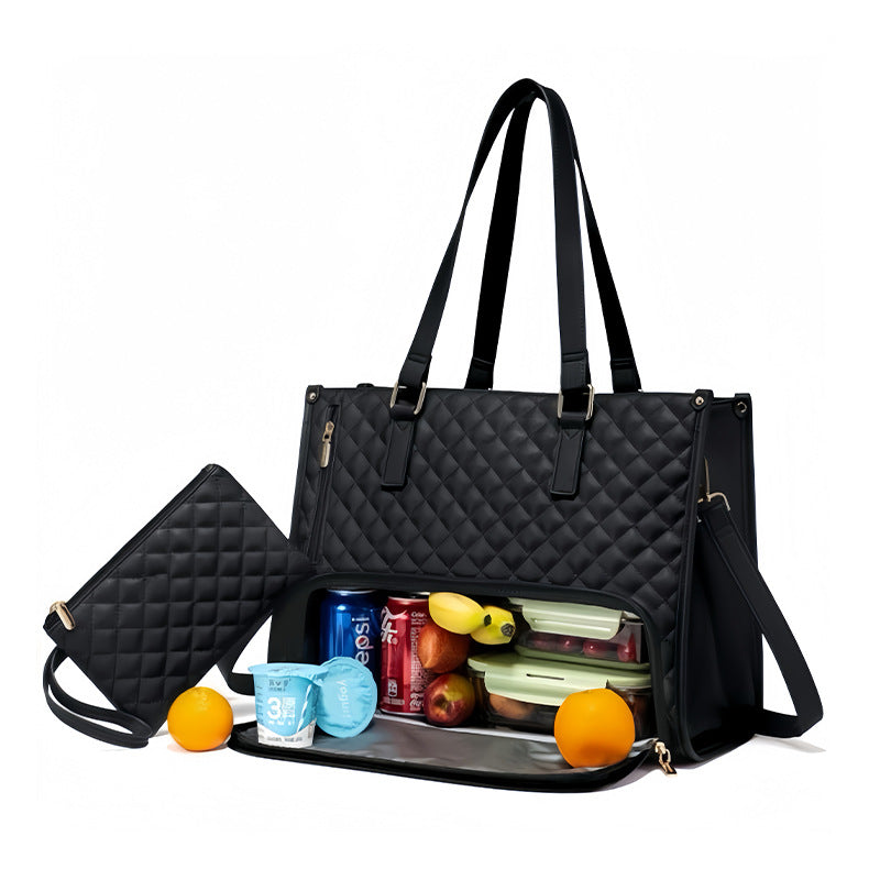 Black quilted handbag with compartments containing snacks and drinks on a white background