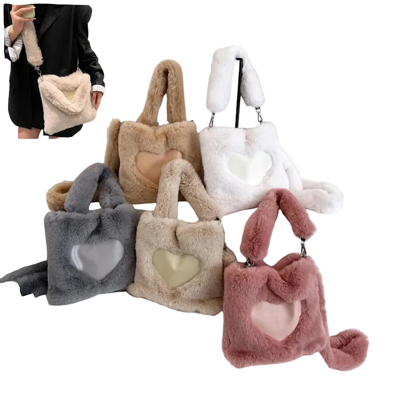 Collection of fluffy handbags in various colors on a white background