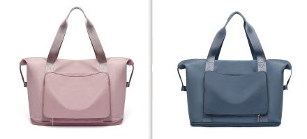 Pink and blue bags side by side on a white background