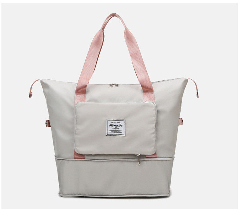 Light gray tote bag with pink straps on a white background
