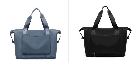 Two bags, one blue and one black, on a white background