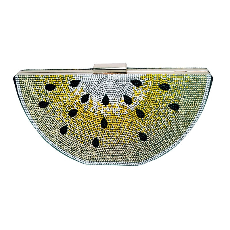 Semi-circular clutch bag with black and yellow pattern on a white background