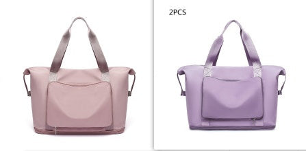 Two pink and purple bags side by side on a white background