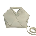White geometric handbag with a triangle design on a white background.
