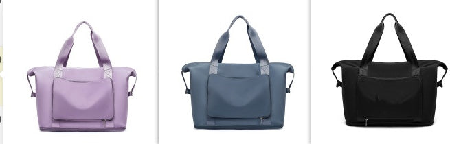Three handbags in different colors displayed side by side.