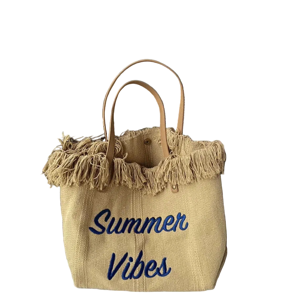 Beige tote bag with 'Summer Vibes' text on a white background