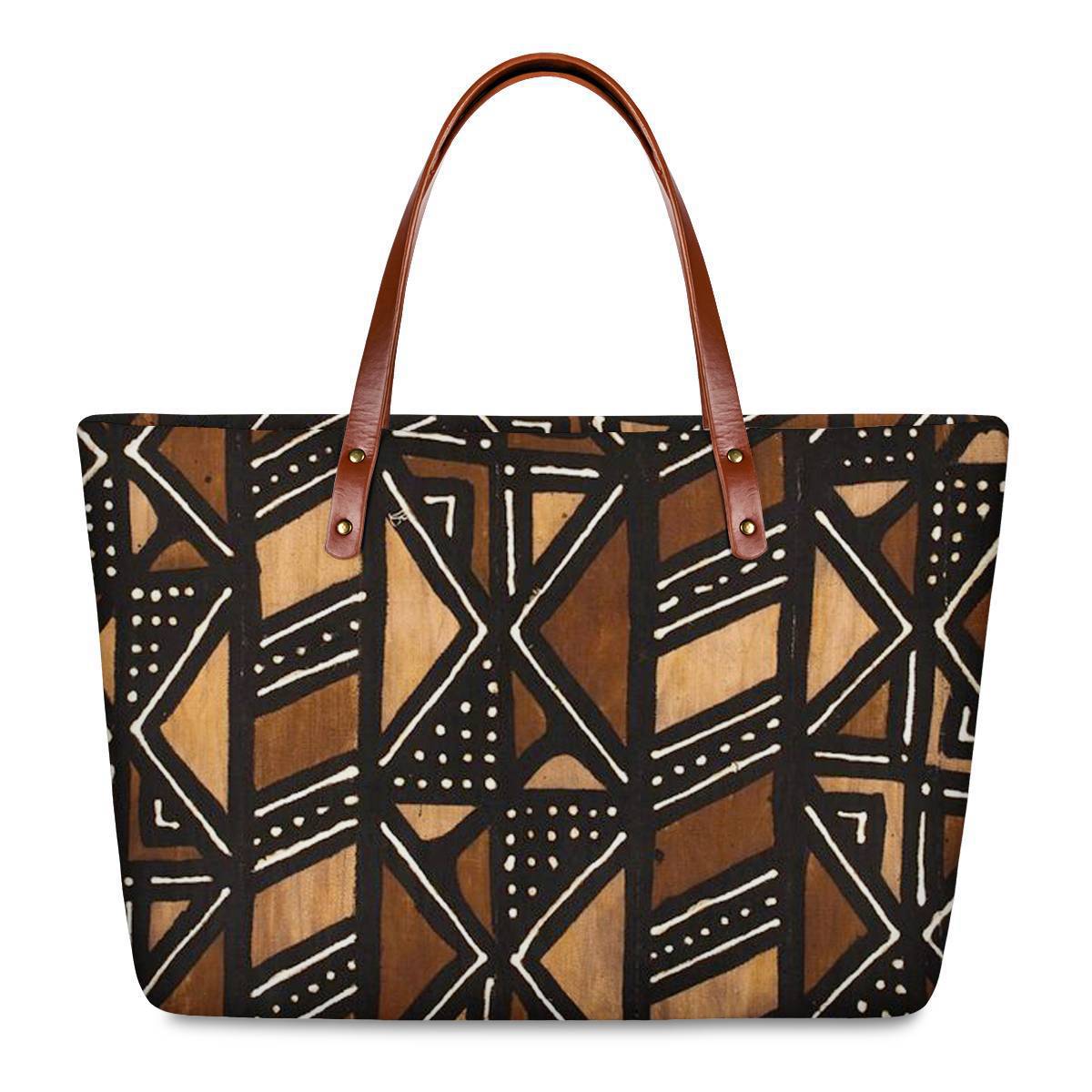 Tote bag with geometric pattern and brown handles on a white background