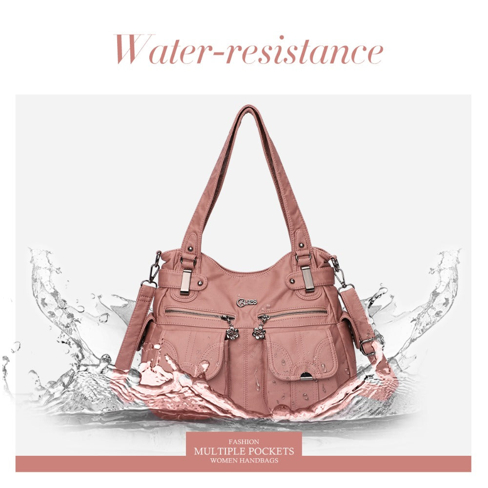Pink handbag with water resistance feature on a white background