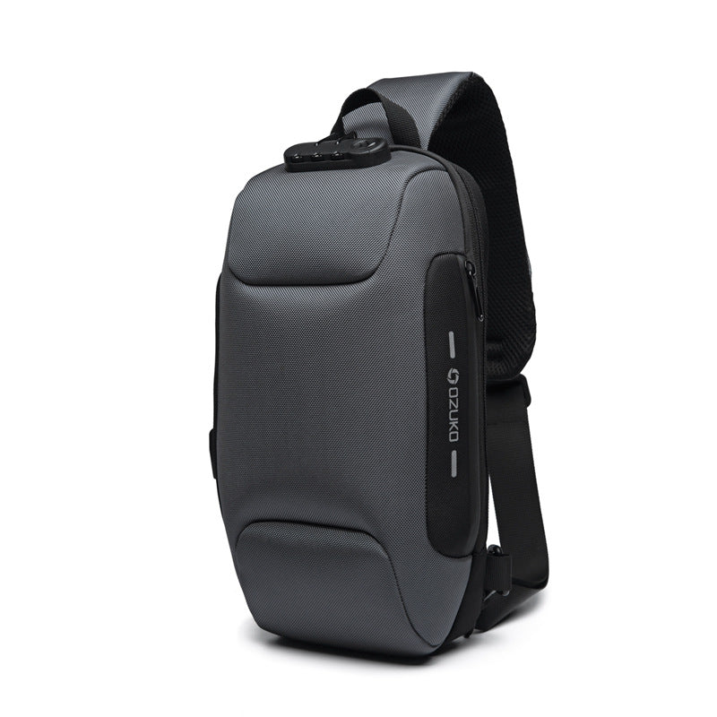Gray shoulder bag with black accents on a white background