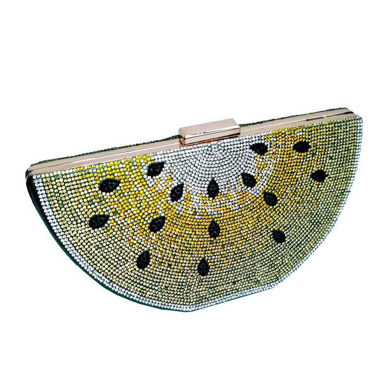 Semi-circular clutch bag with black and yellow pattern on a white background