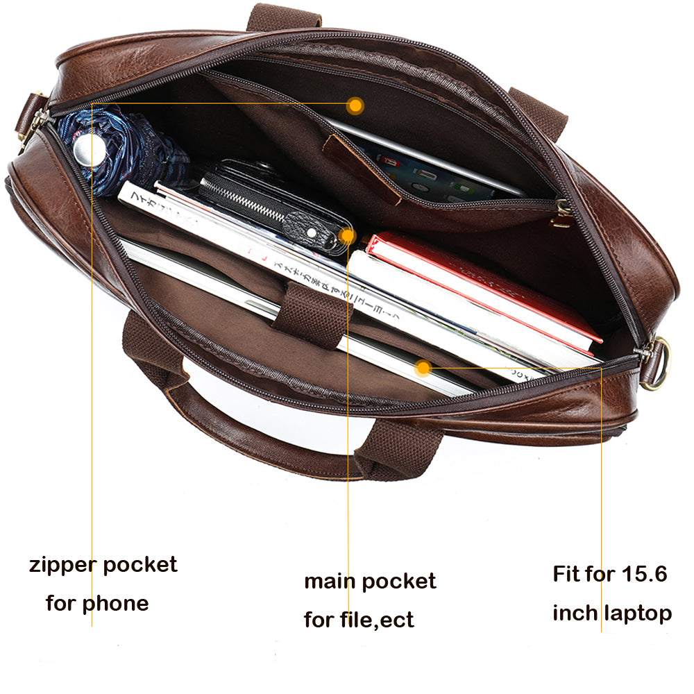 Brown leather briefcase with compartments labeled for phone, file, and laptop.