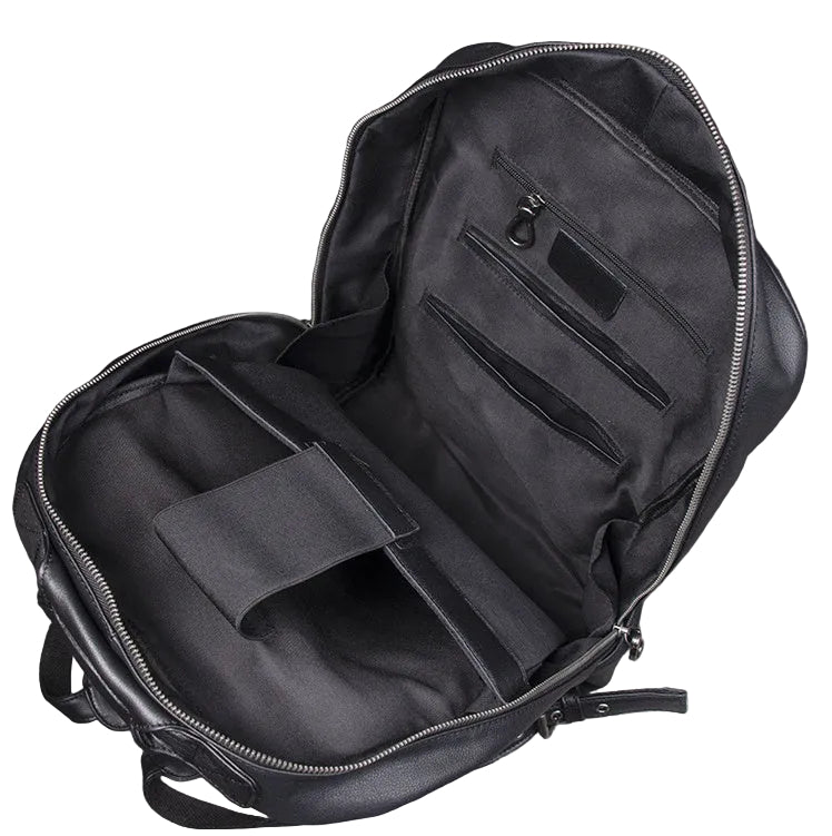 Black backpack with compartments on a white background
