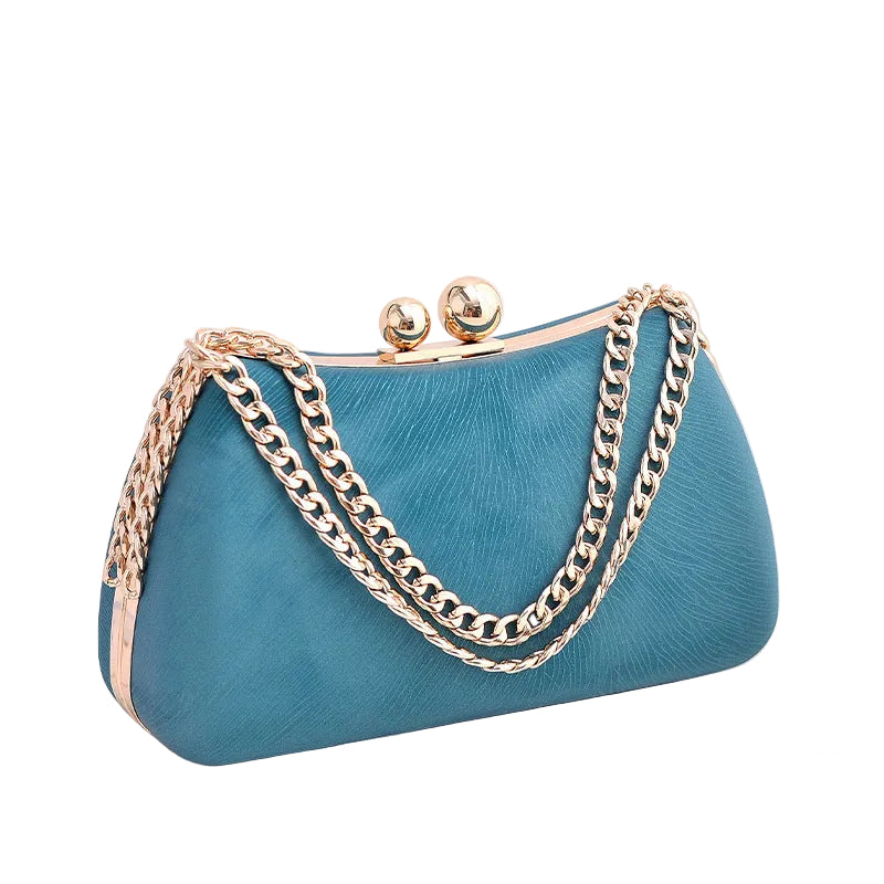 Blue handbag with gold chain strap on a white background