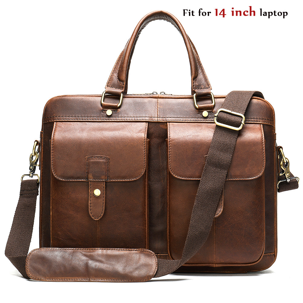 Brown leather briefcase with shoulder strap on a white background