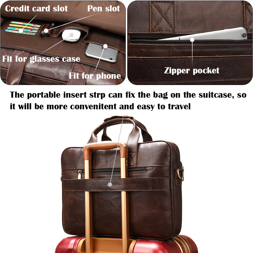 Brown leather briefcase with features labeled and placed on a suitcase.