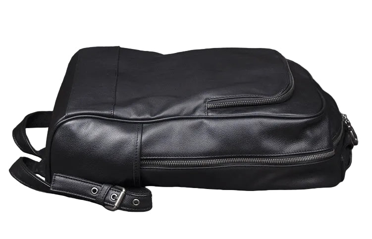 Black leather backpack on a white background
