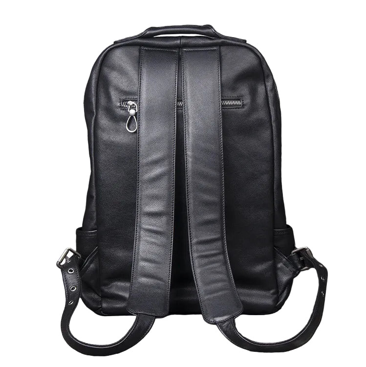 Black leather backpack on a white background