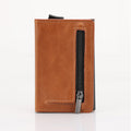 Brown leather wallet with a zipper on a white background